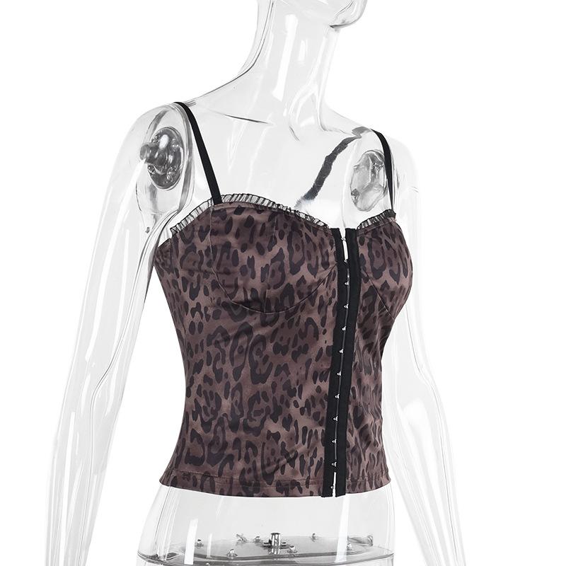 Haut camisole dos nu à volants et imprimé léopard à col en V 