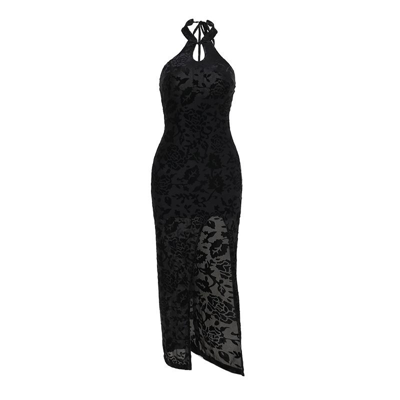 Hollow out halter self tie slit print midi dress