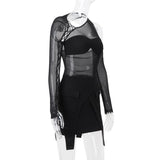 Long sleeve irregular hollow out mesh mini dress