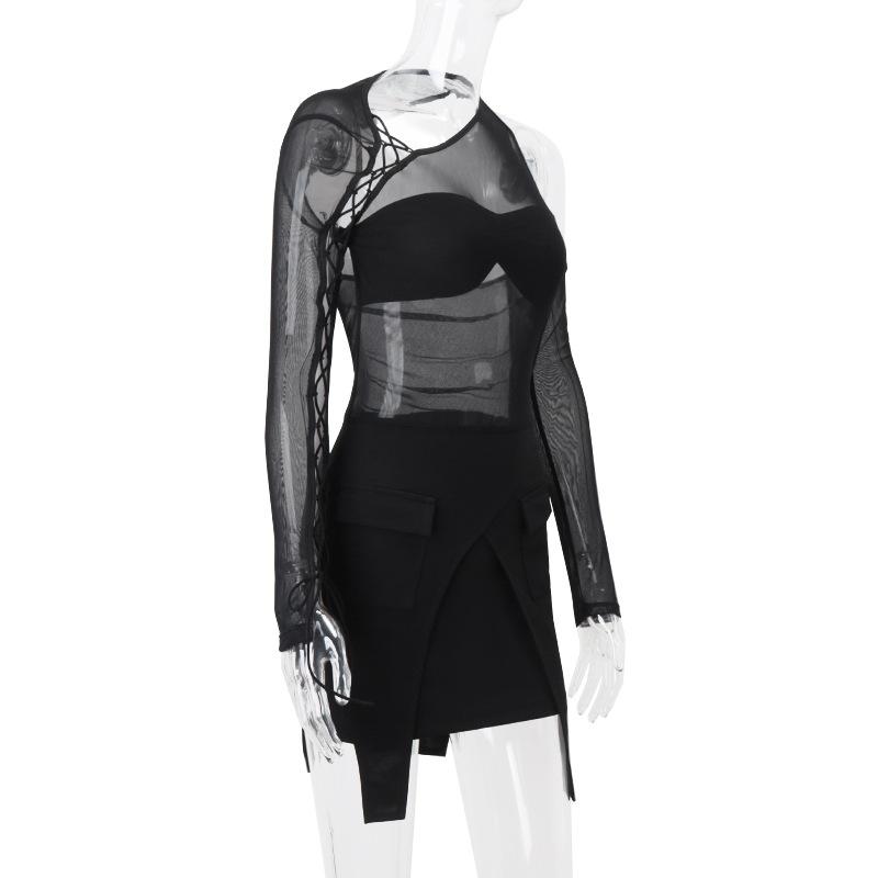 Long sleeve irregular hollow out mesh mini dress