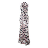 Robe longue dos nu à col montant et imprimé léopard 