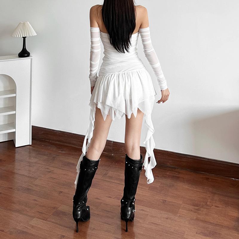 Vestido mini liso de manga larga fruncido con hombros descubiertos 