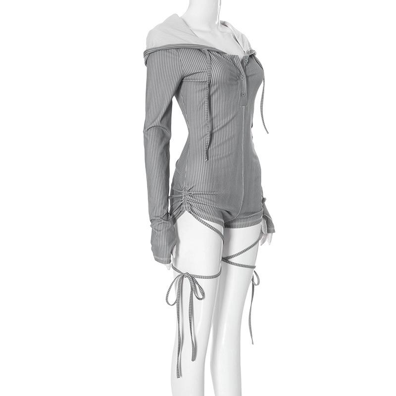 Button long sleeve gloves hoodie hollow out romper