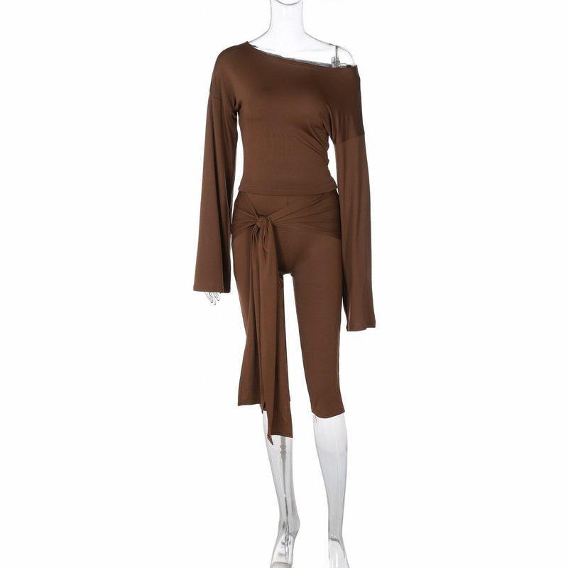 Conjunto de pantalón liso de tiro medio y manga larga irregular 