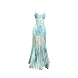 V neck print backless contrast cami maxi dress