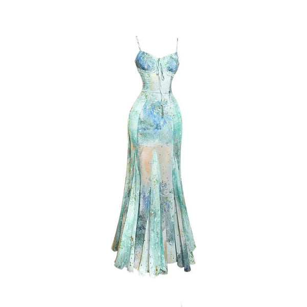 Robe longue camisole contrastée à imprimé col en V et dos nu 