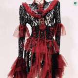 Robe midi à volants et manches longues évasées avec appliques de fleurs en dentelle 