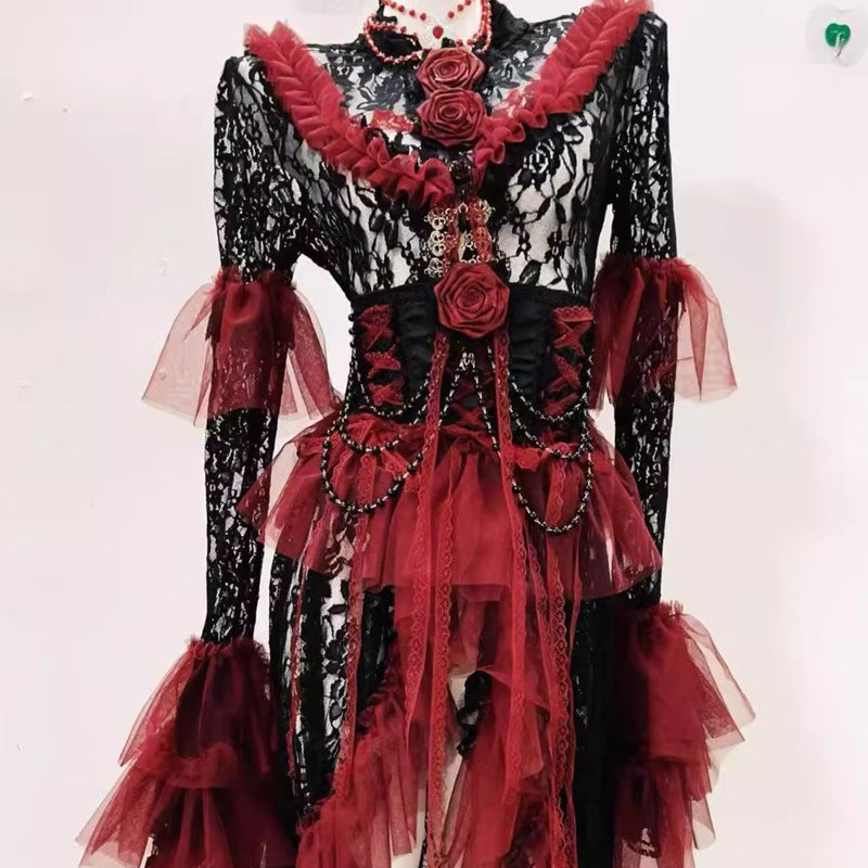 Robe midi à volants et manches longues évasées avec appliques de fleurs en dentelle 
