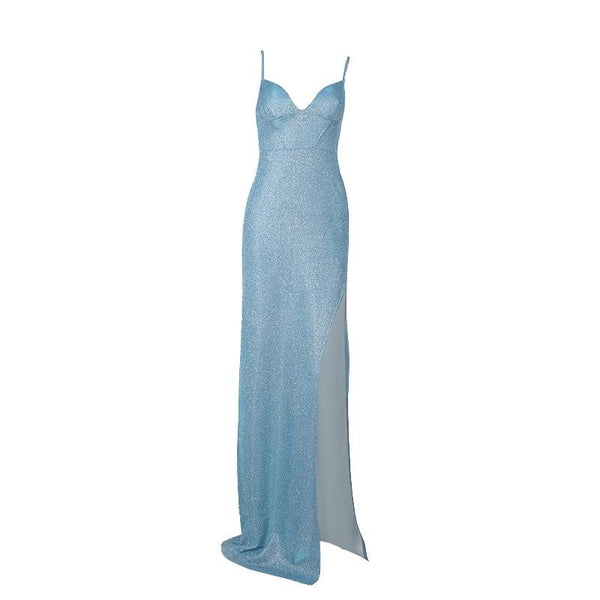 Robe longue camisole dos nu rembourrée à col en V et fente haute 