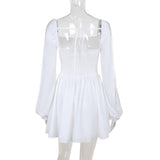 Long sleeve self tie square neck smocked mini dress