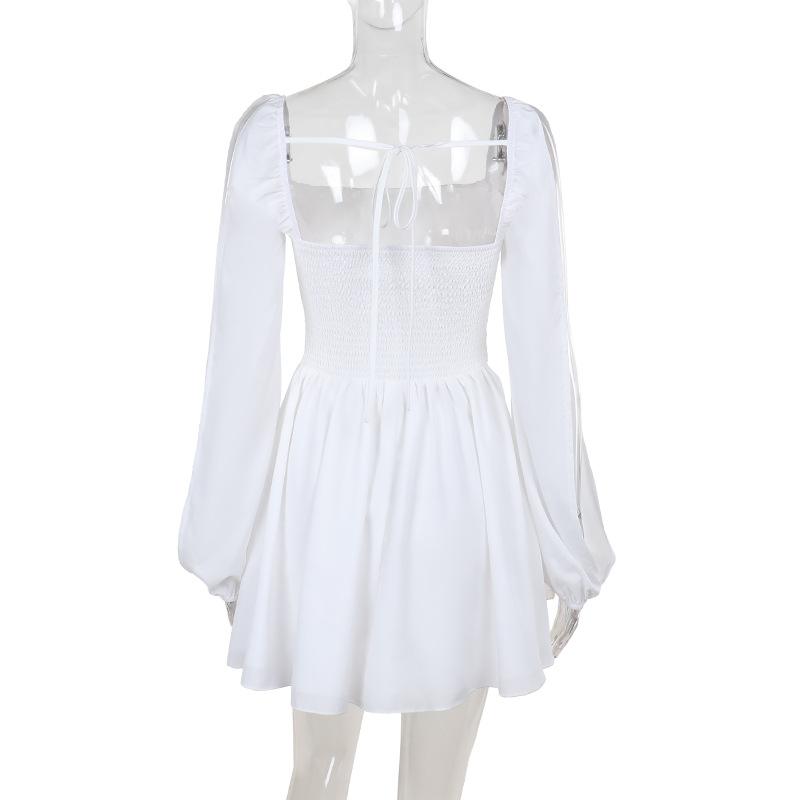 Long sleeve self tie square neck smocked mini dress