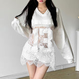 V neck long sleeve lace hem see through top