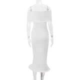 Vestido midi de tubo liso acanalado con volantes y hombros descubiertos 