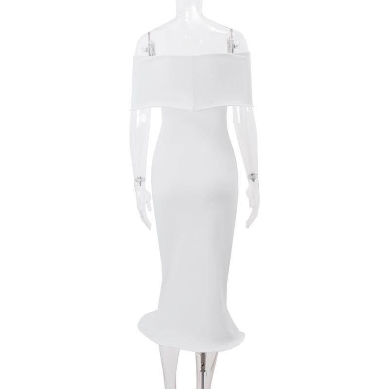 Vestido midi de tubo liso acanalado con volantes y hombros descubiertos 