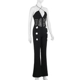 Halter hollow out corset cross front lace jumpsuit