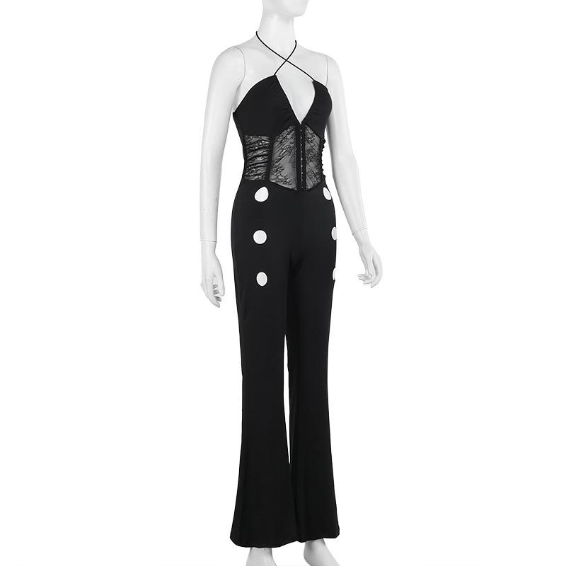 Halter hollow out corset cross front lace jumpsuit