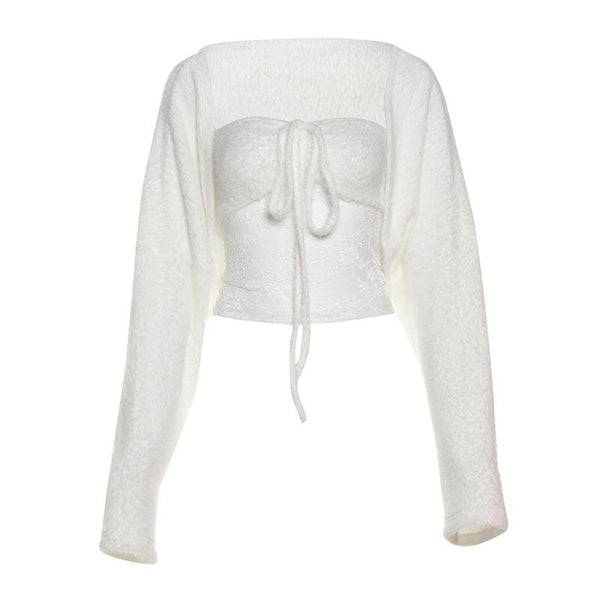 Haut manteau 2 pièces uni en dentelle duveteuse à manches longues 