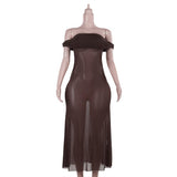 Off shoulder ruched mesh see through maxi dress
