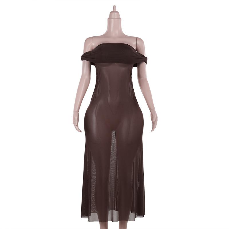 Off shoulder ruched mesh see through maxi dress