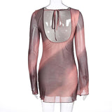 Long sleeve self tie crewneck sheer mesh print mini dress