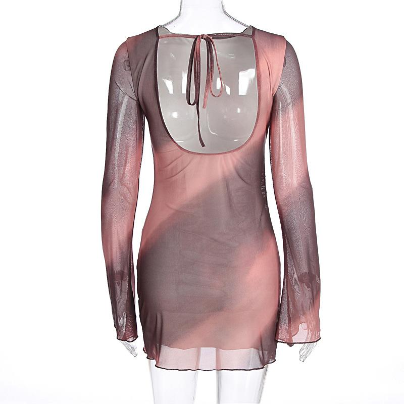 Long sleeve self tie crewneck sheer mesh print mini dress