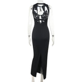Self tie hollow out crewneck slit solid midi dress