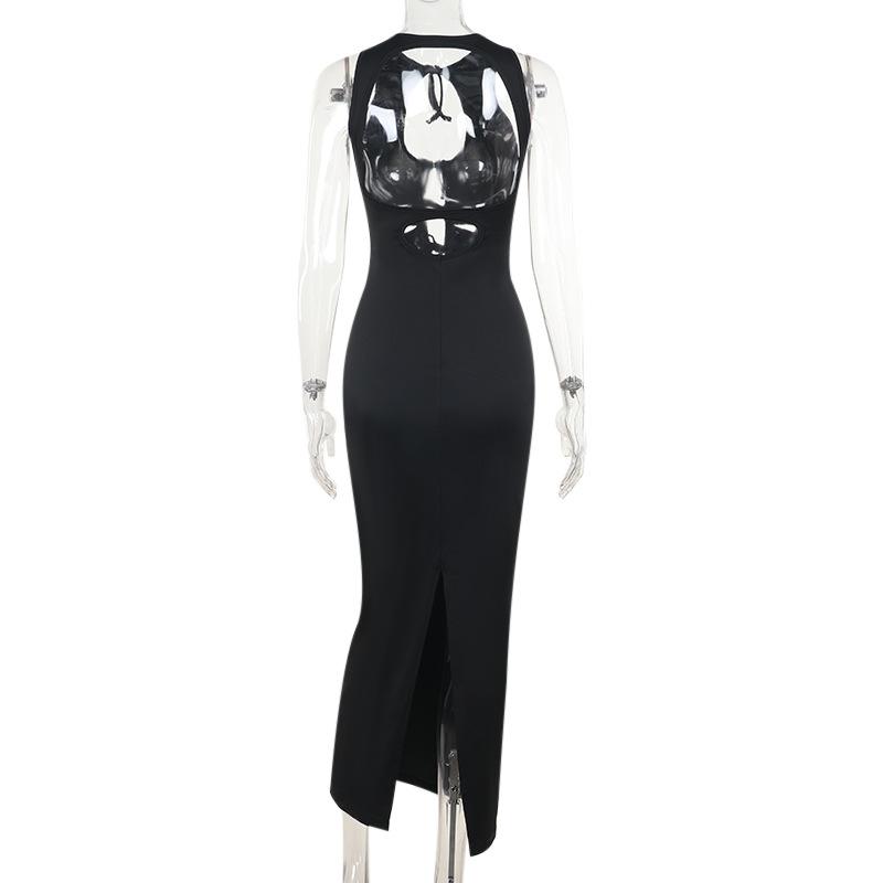 Self tie hollow out crewneck slit solid midi dress