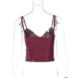 V neck PU leather solid backless cami top