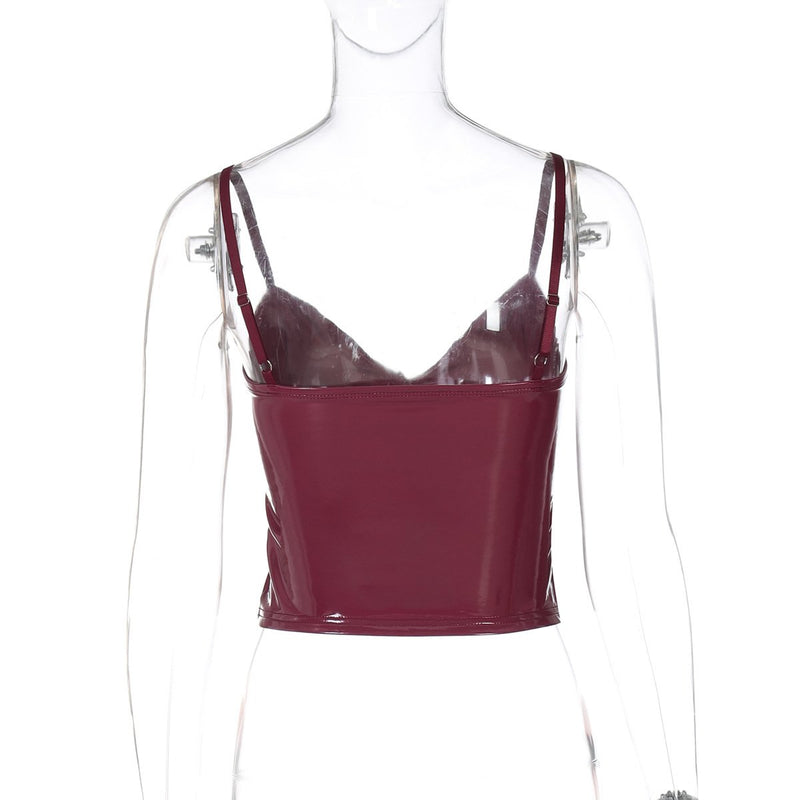 V neck PU leather solid backless cami top
