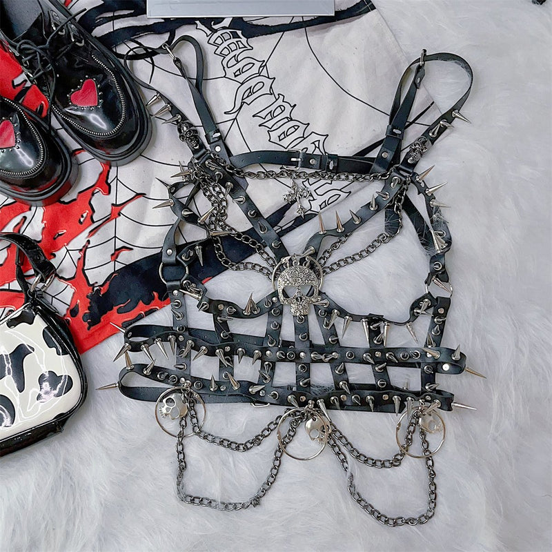 Metal chain o ring skull applique PU leather corset