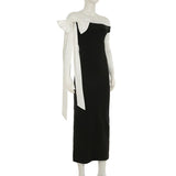 Bowknot off shoulder irregular contrast maxi dress