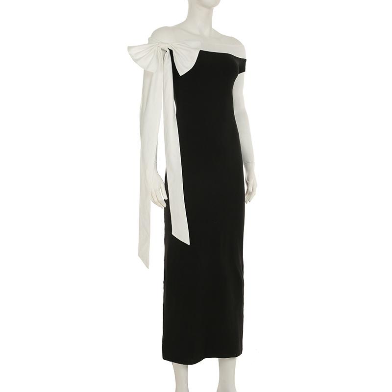 Bowknot off shoulder irregular contrast maxi dress