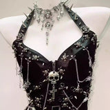 Metal chain o ring skull applique zip-up mini skirt set