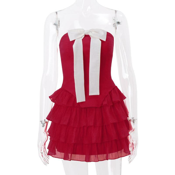 Conjunto de minifalda de tubo con cordones, volantes fruncidos y apliques de lazo 