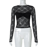 Top fruncido con cuello redondo, manga larga y encaje transparente 