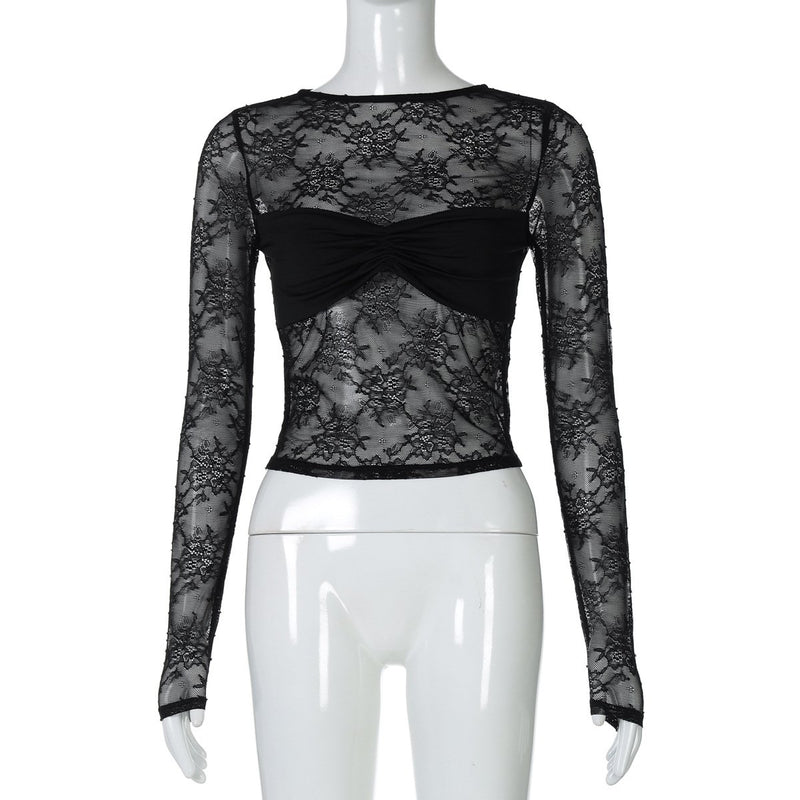 Top fruncido con cuello redondo, manga larga y encaje transparente 
