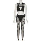 Conjunto de pantalón de tiro medio de malla hueca con cuello redondo 