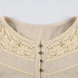 Round neck long sleeve lace ribbed solid top