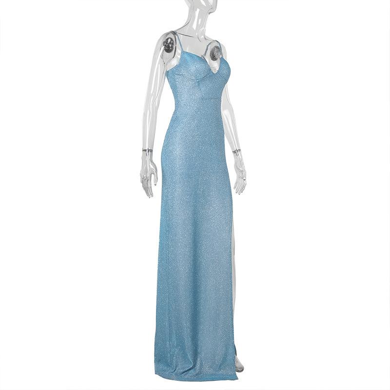 Robe longue camisole dos nu rembourrée à col en V et fente haute 