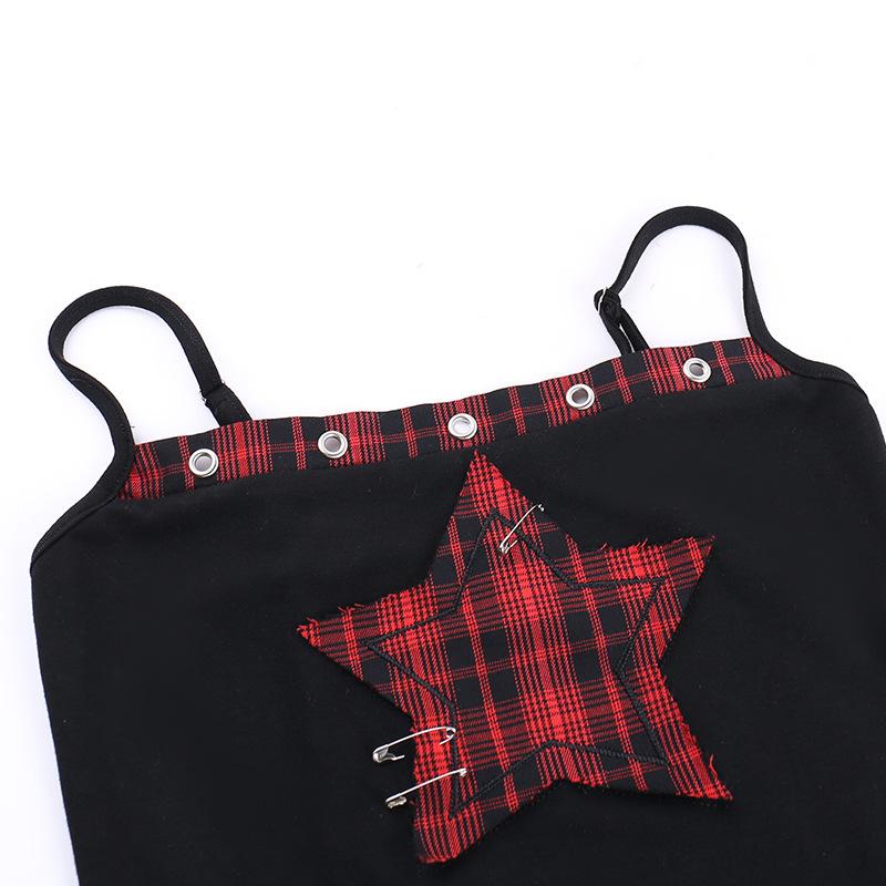 Square neck hollow out star print plaid cami top