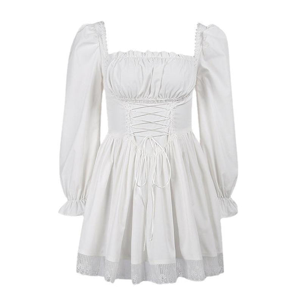 Vestido mini de manga larga con fruncido y dobladillo de encaje 
