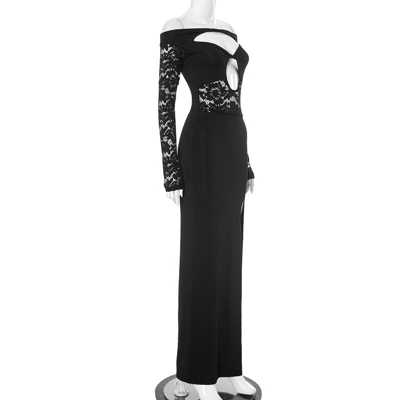 Long sleeve hollow out slit off shoulder lace maxi dress