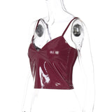 V neck PU leather solid backless cami top