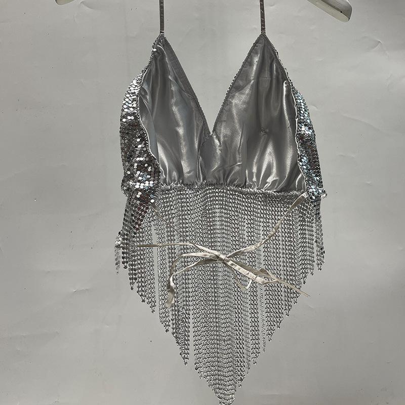 Haut à paillettes avec col en V et pompons à nouer soi-même 
