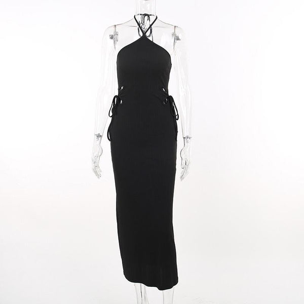 Vestido midi con espalda descubierta, textura, hueco y lazo en el cuello 