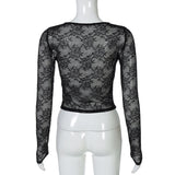 Top fruncido con cuello redondo, manga larga y encaje transparente 