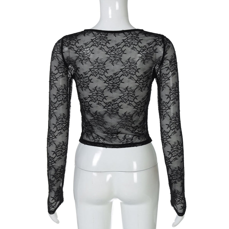 Top fruncido con cuello redondo, manga larga y encaje transparente 