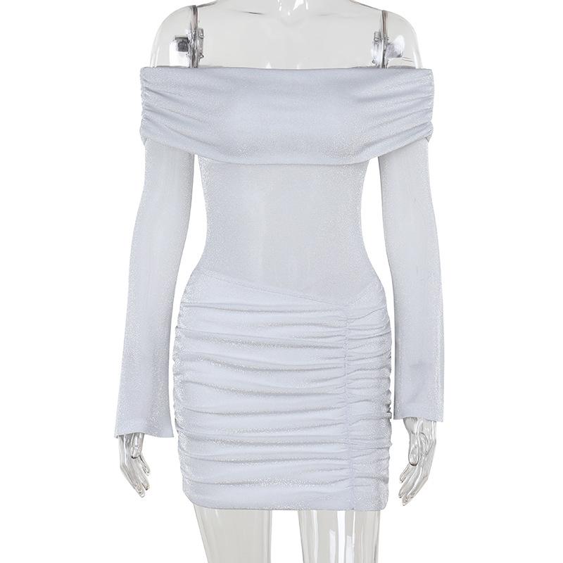 Off shoulder long sleeve ruched mini dress