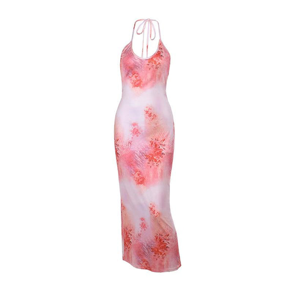 Robe longue fendue à imprimé papillon et col en U 