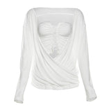 Long sleeve ruched button hollow out 2 piece top